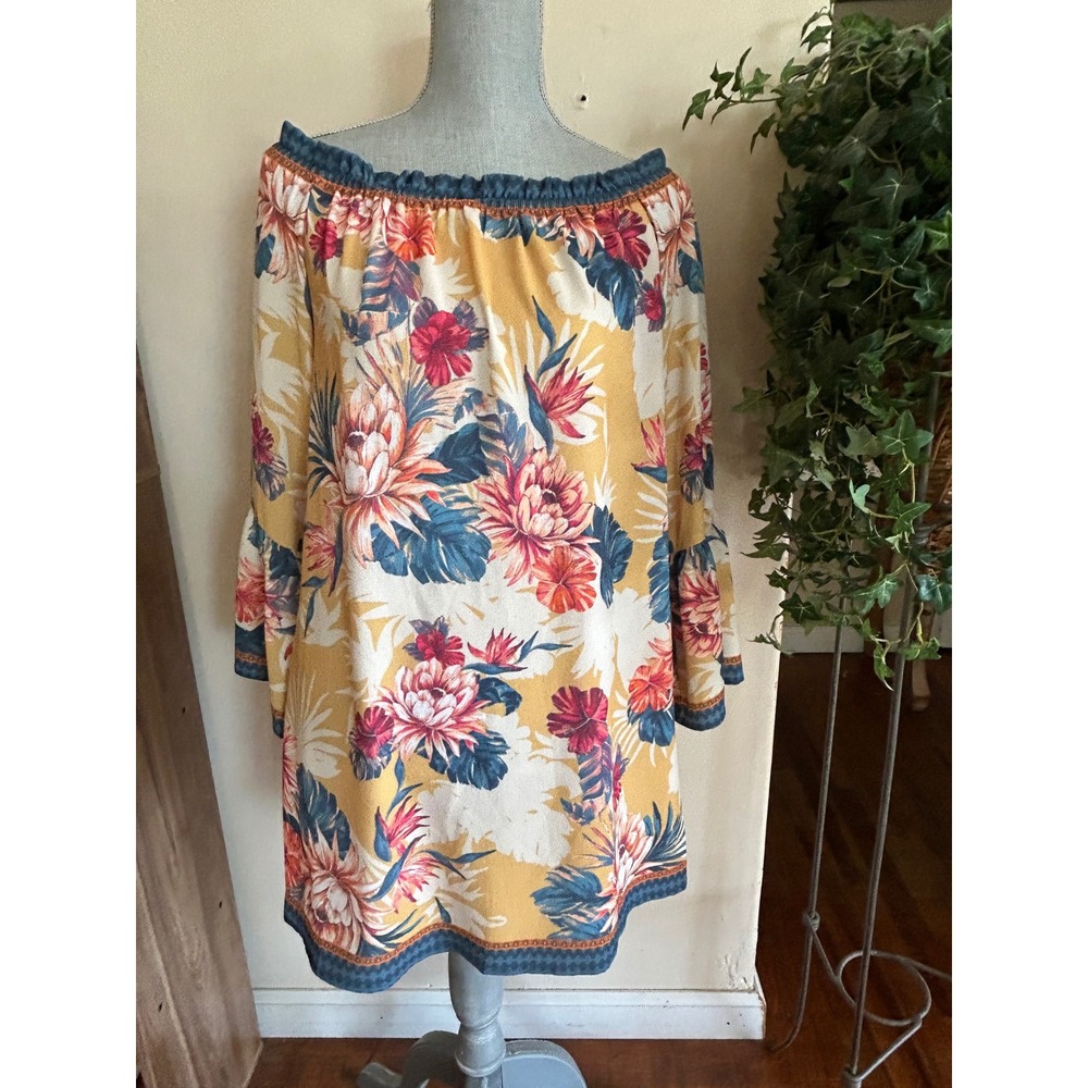 Flying Tomato Tunic Top Mini Dress Sz Small Yellow Off Shoulder Bell Sleeve Boho - Picture 2 of 5